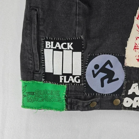 Punk Rock Vest Mens XXL Black Denim Patched Sleeveless Jacket Custom Patches - Picture 15 of 16